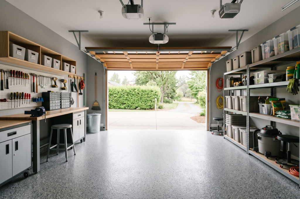 Finished coated garage floor with a clean, sealed surface