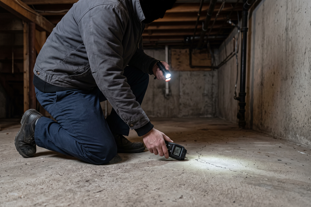Flooring professional inspecting a basement concrete floor for cracks, moisture, and surface condition