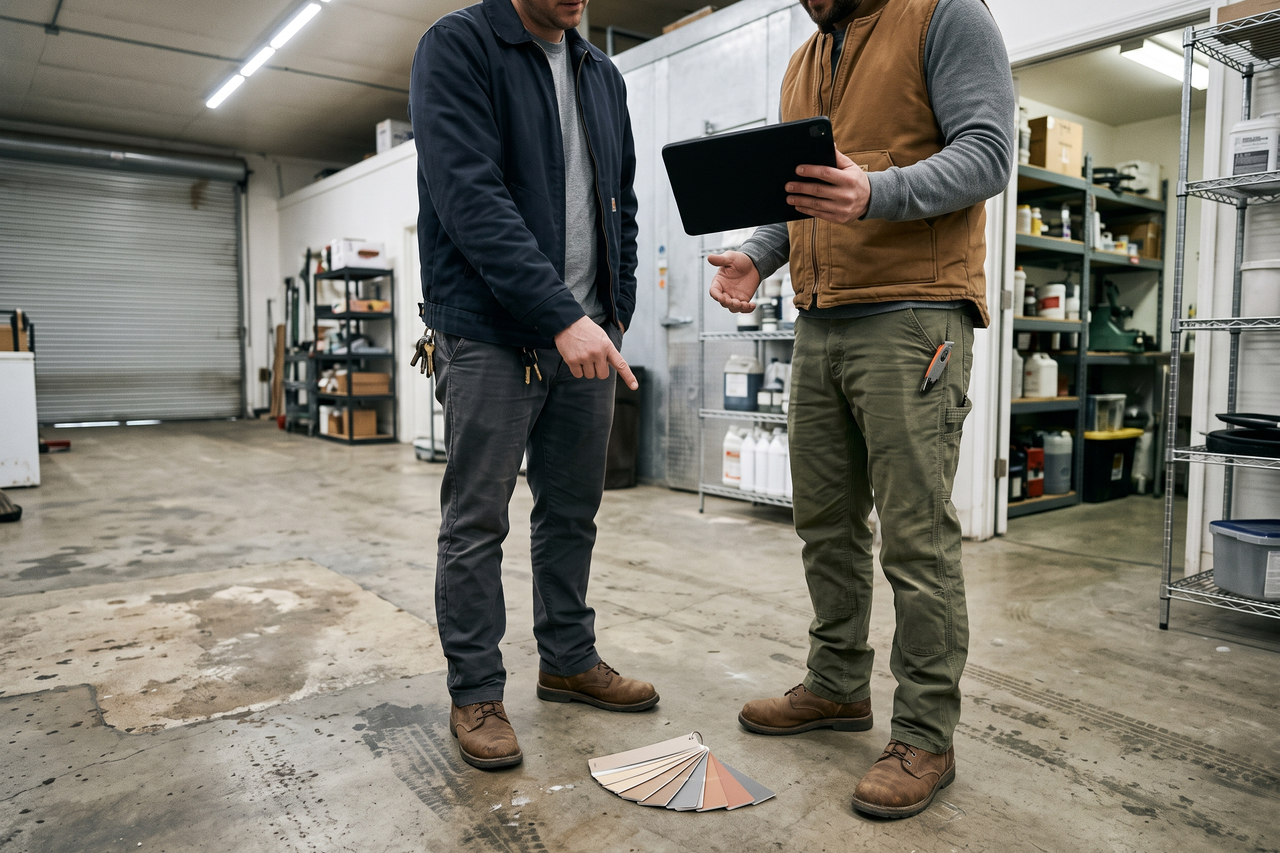Business owner and flooring professional reviewing a commercial floor coating plan and finish options