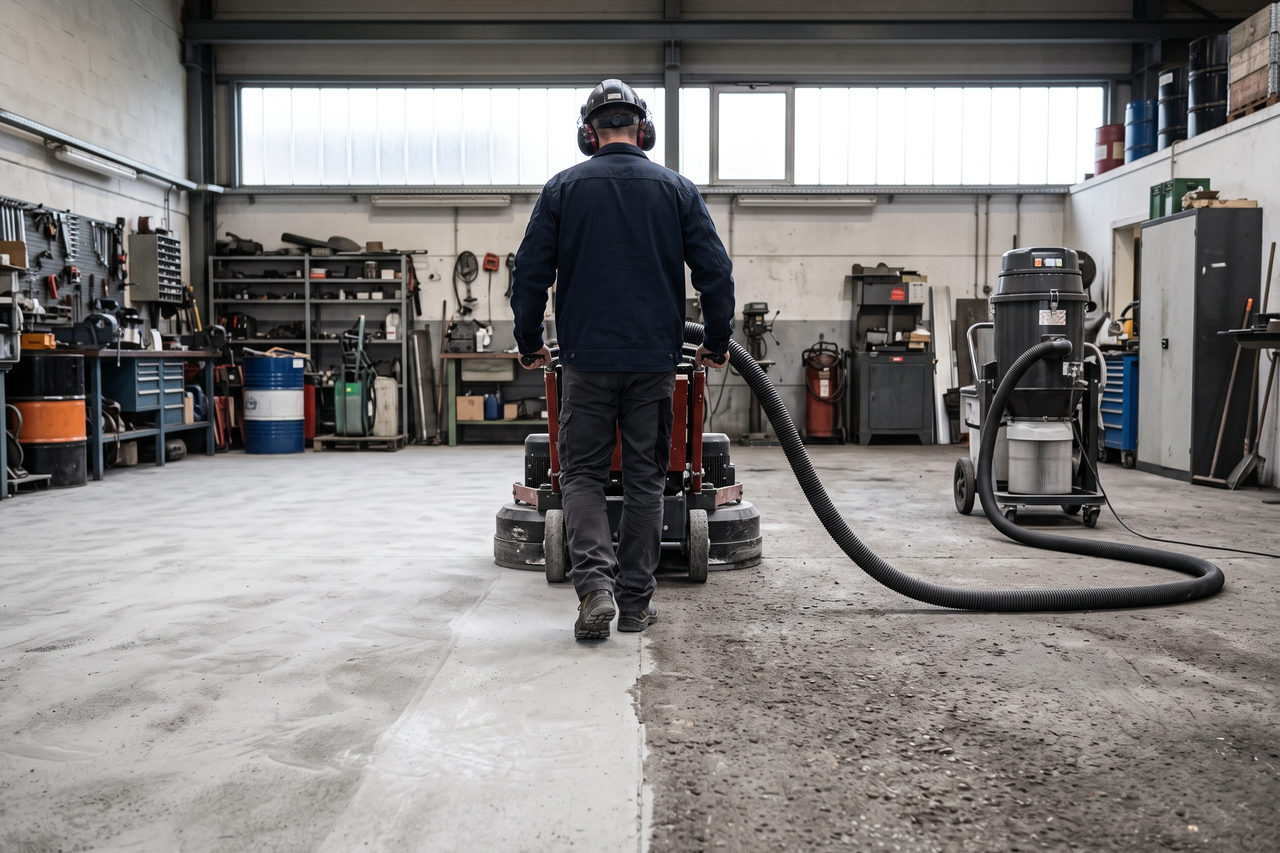 Concrete floor being ground and profiled before a coating is applied