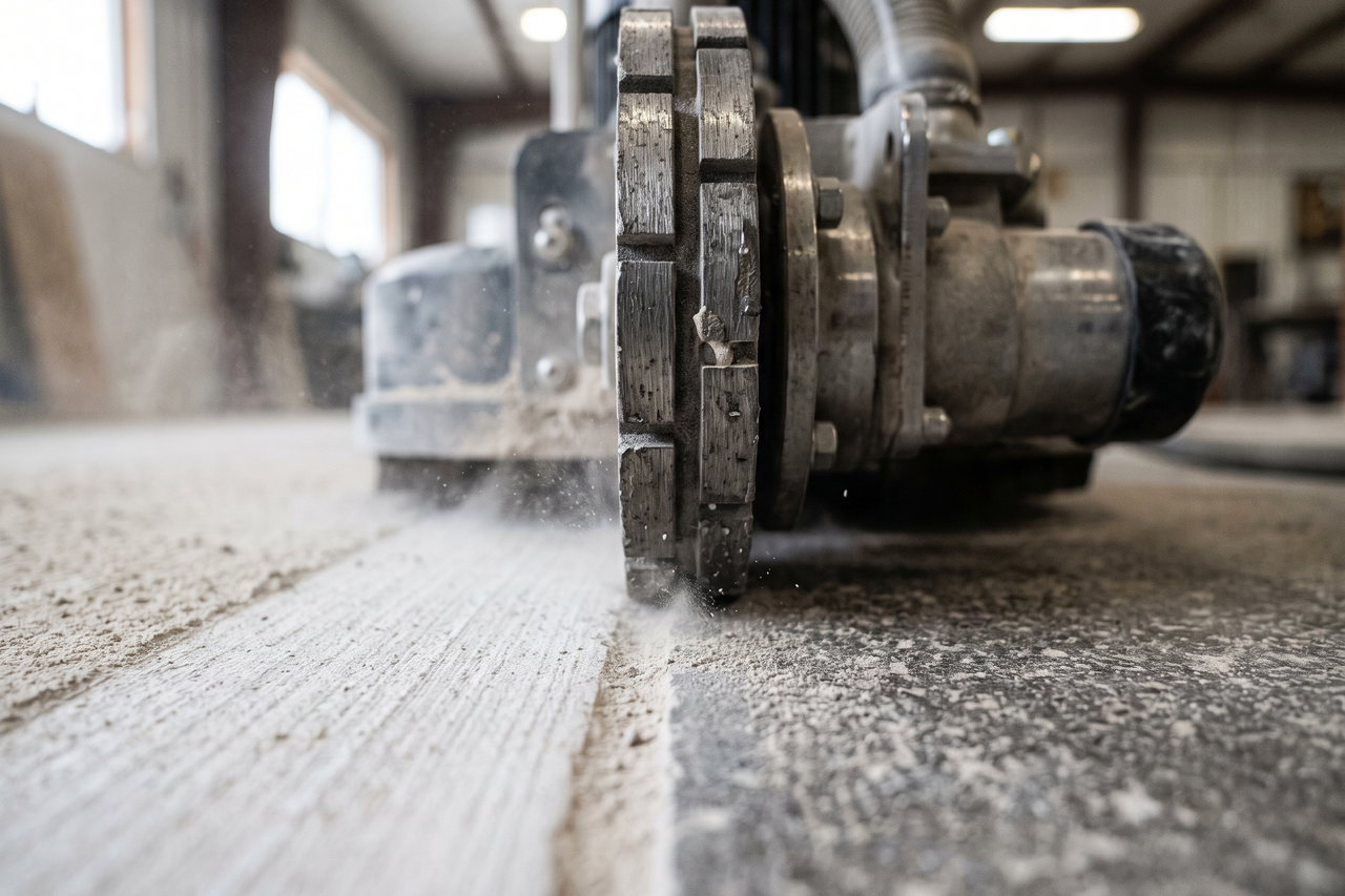 Diamond grinding machine preparing a concrete garage floor surface