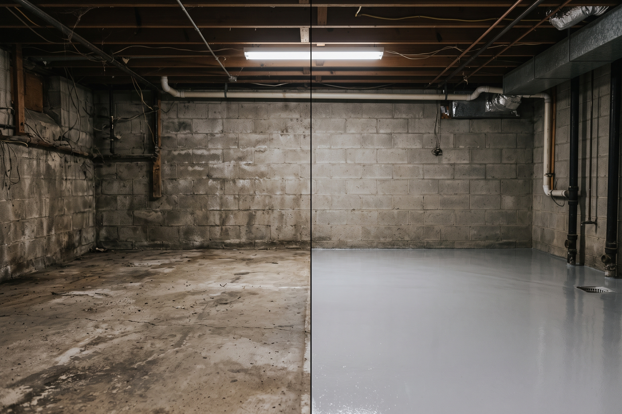 Illustrative before-and-after example of an epoxy basement floor, from bare concrete to a clean, light-reflecting sealed surface