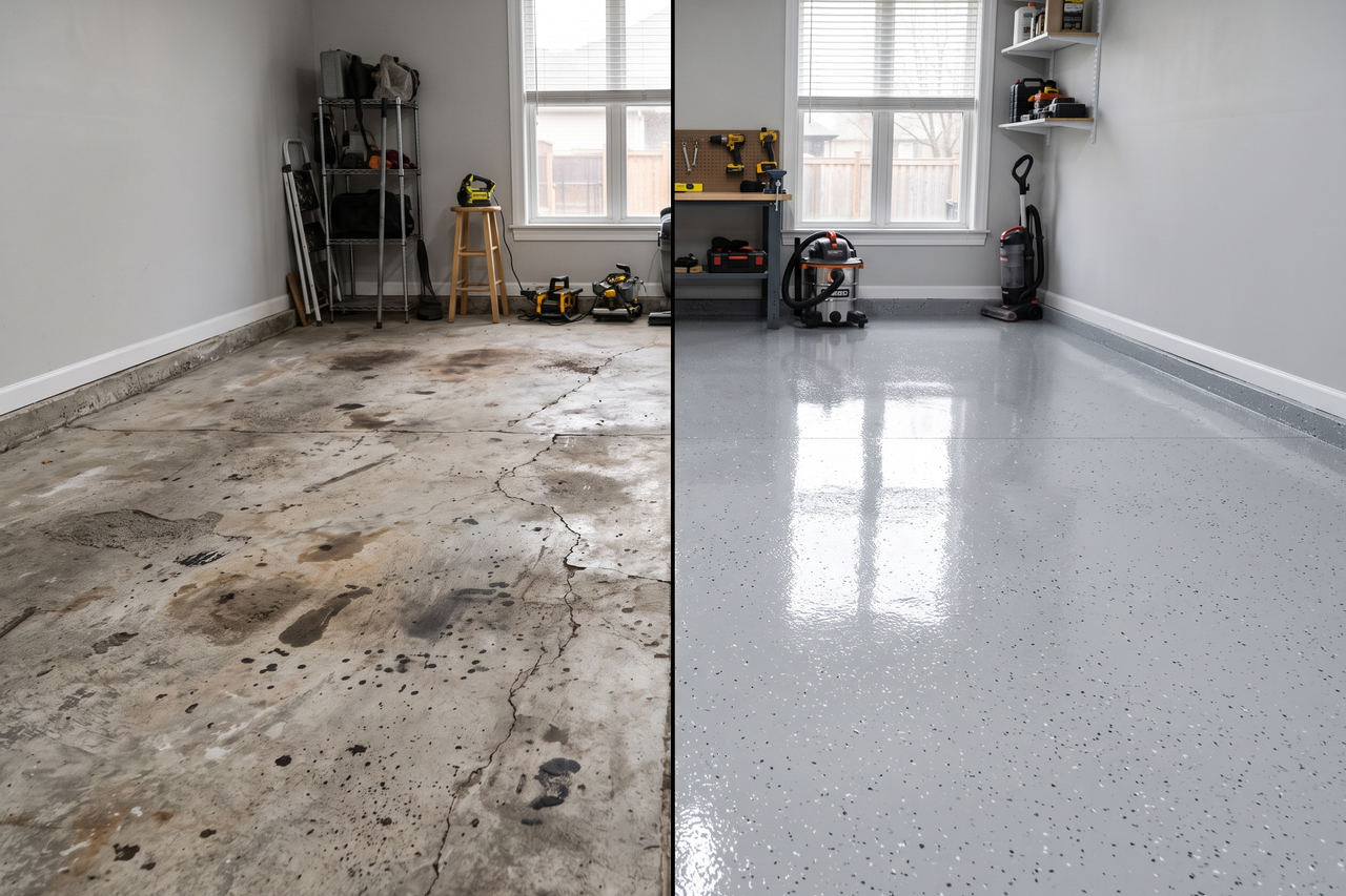 Illustrative before-and-after example of a cracked, stained concrete floor transformed with an epoxy coating