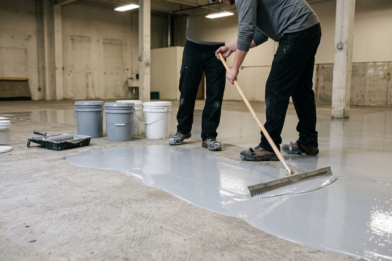 Professional applying an epoxy floor coating to a prepared concrete floor