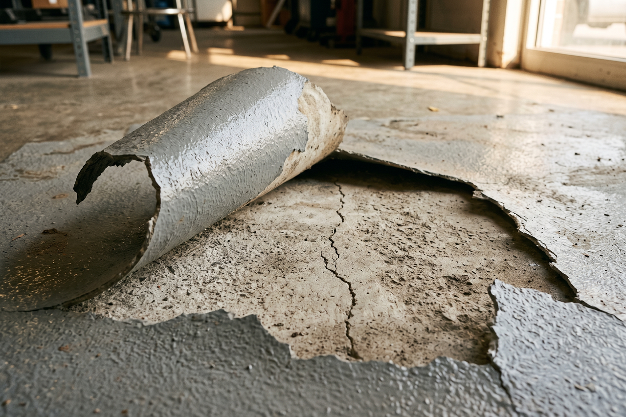 Close-up of a peeling epoxy floor coating lifting away from a concrete slab