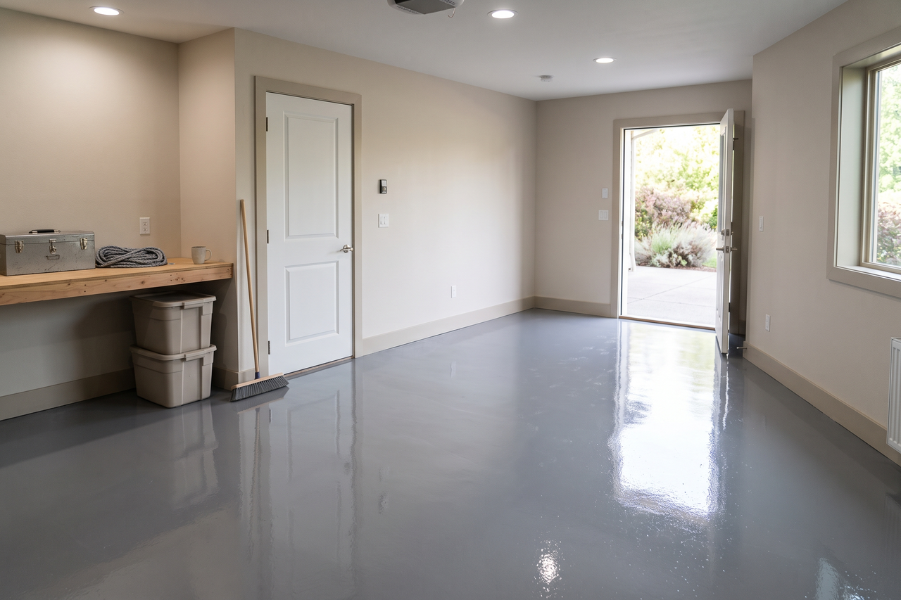 Glossy epoxy floor coating on a residential concrete floor