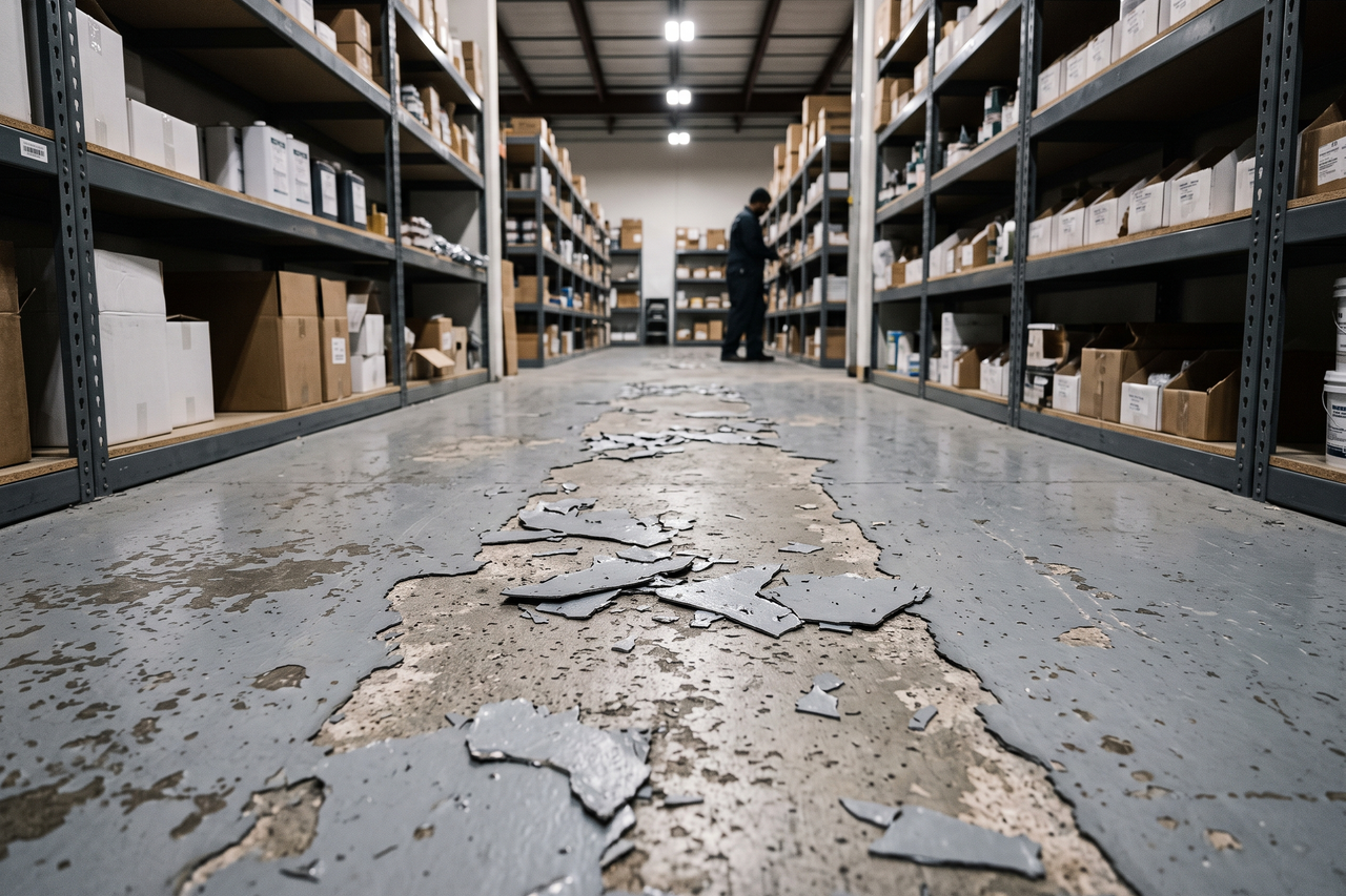 Chipped and delaminating epoxy coating on a commercial concrete floor