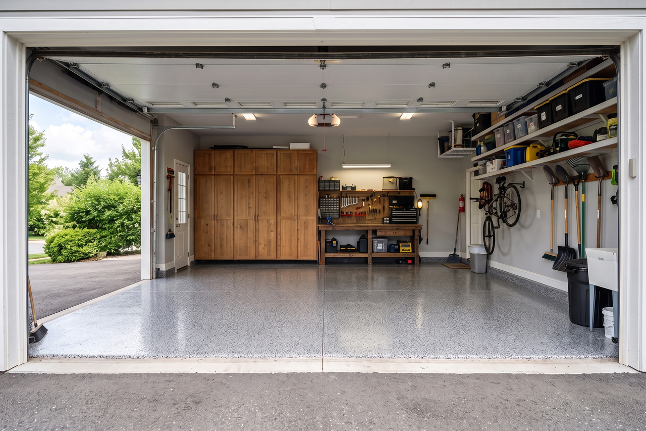 Finished two-car garage with a smooth, bright epoxy floor