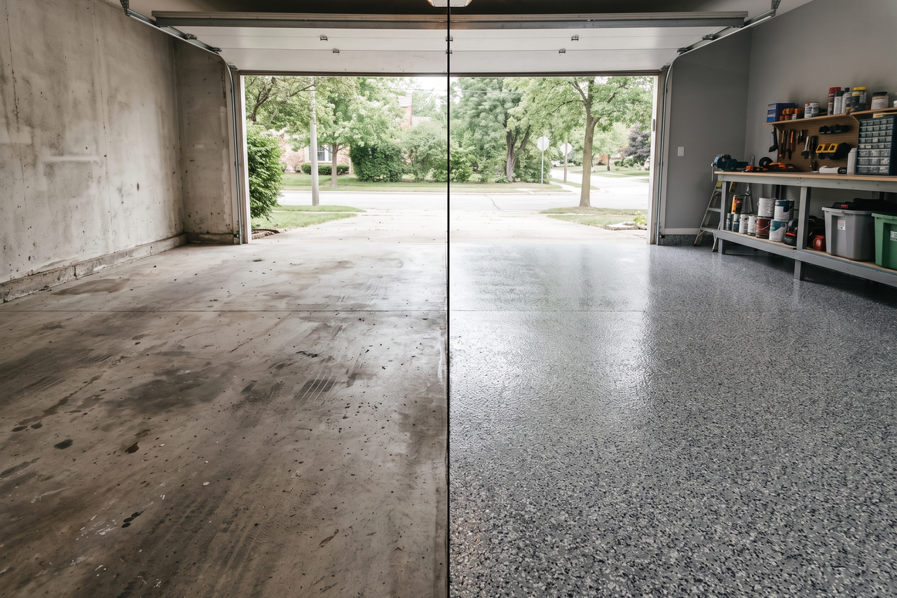 Illustrative before-and-after example of a garage floor coating, showing worn concrete and a clean sealed finish