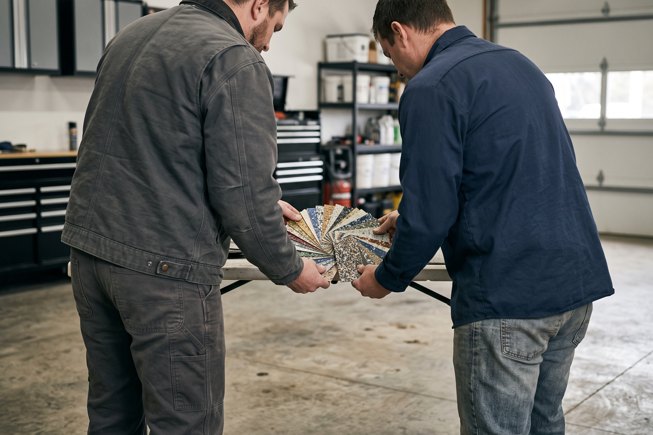 Homeowner and flooring professional reviewing garage floor coating options and finish samples