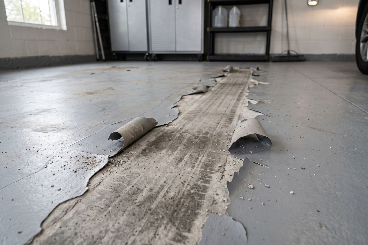Peeling DIY garage floor coating lifting off concrete in sheets