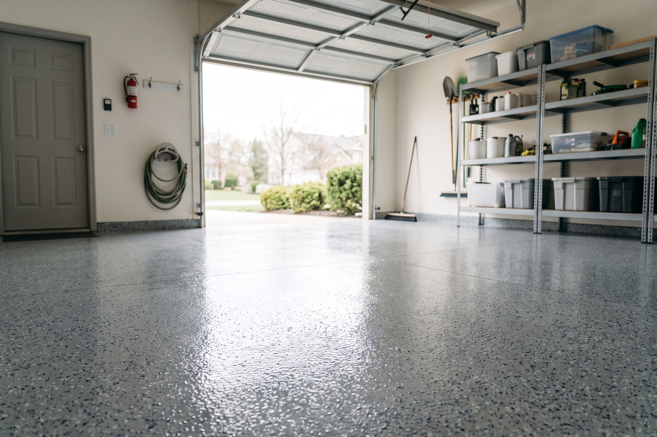 Gray flake epoxy garage floor with a bright, sealed finish