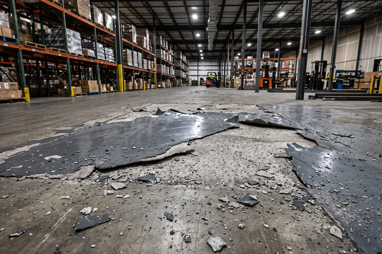 Delaminated and failing coating on an industrial concrete floor, with surface debris and exposed slab areas