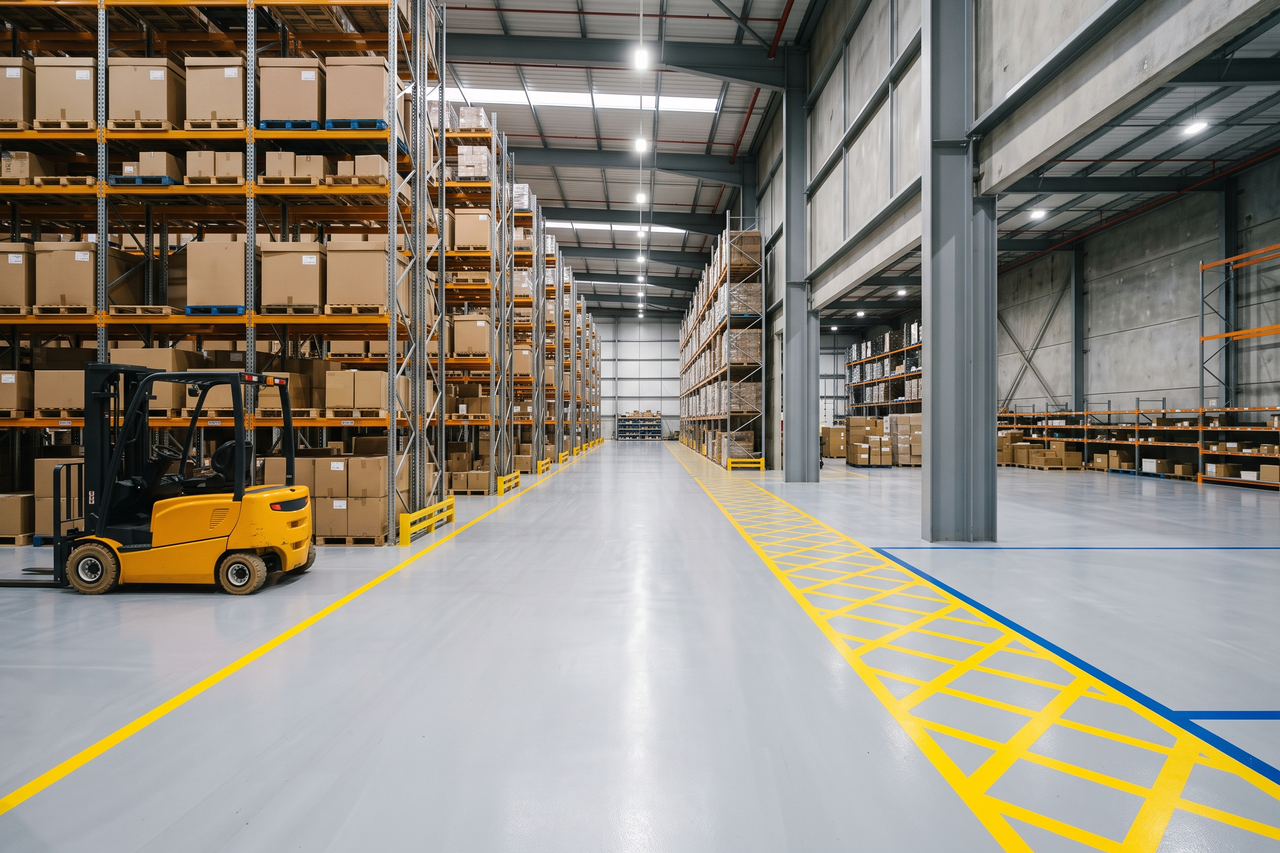Industrial epoxy floor with color-coded safety lanes, marked aisles, and designated work zone boundaries