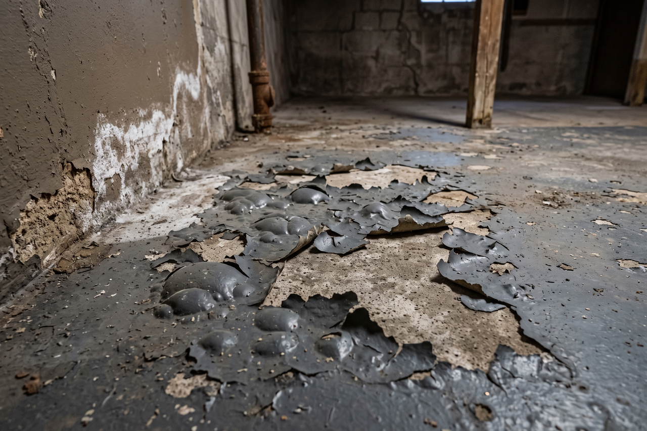 Peeling, bubbling coating lifting off a basement concrete floor