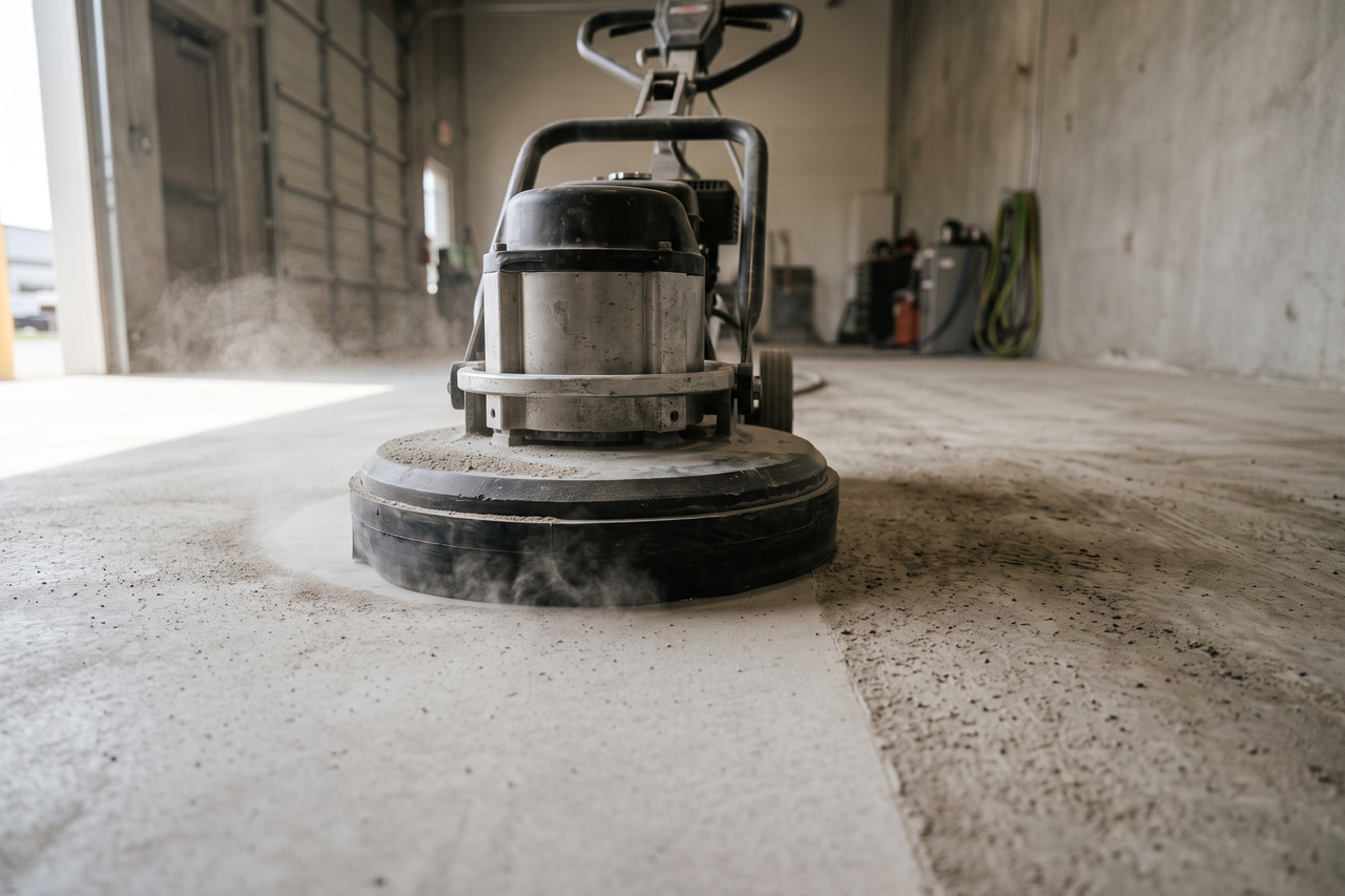 Concrete floor surface being machine-ground in preparation for a polyaspartic coating application