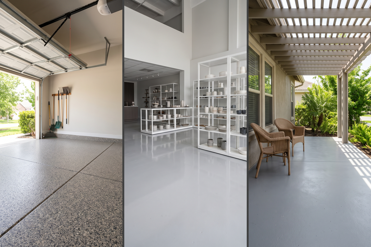 Polyaspartic floor coating applied in a residential garage, a commercial space, and a covered outdoor area with sun exposure