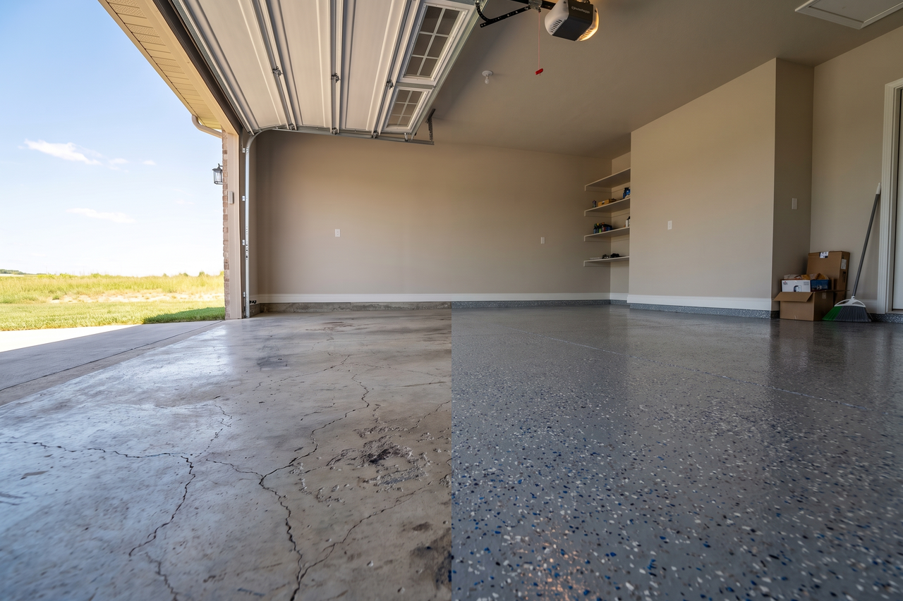 Illustrative before-and-after example of a polyaspartic garage floor, showing cracked bare concrete alongside a clean, glossy sealed surface