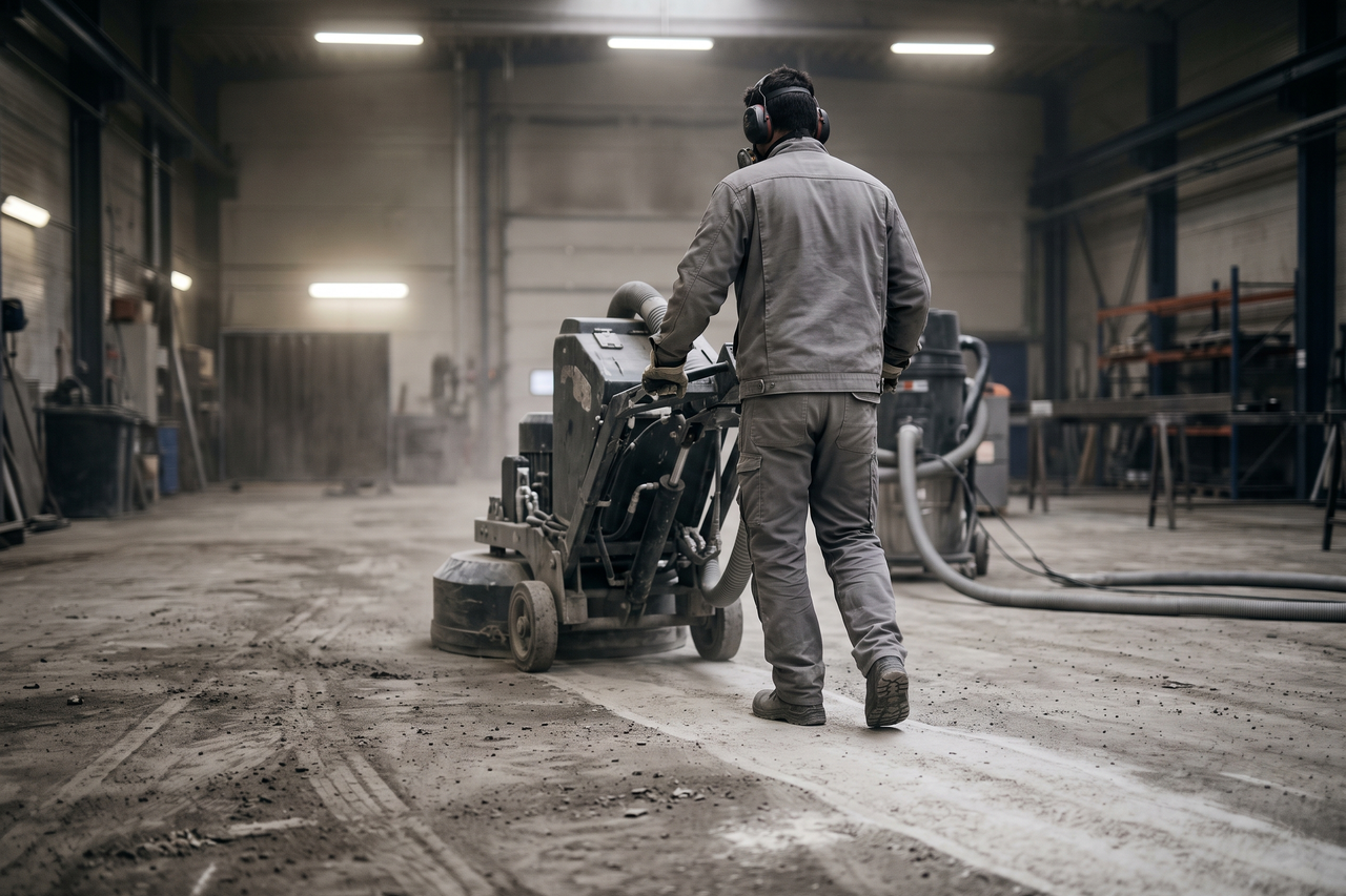 Installer grinding a concrete floor before an epoxy coating is applied