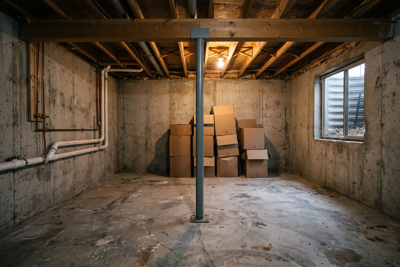 Bare, unfinished concrete basement floor with visible stains and rough surface