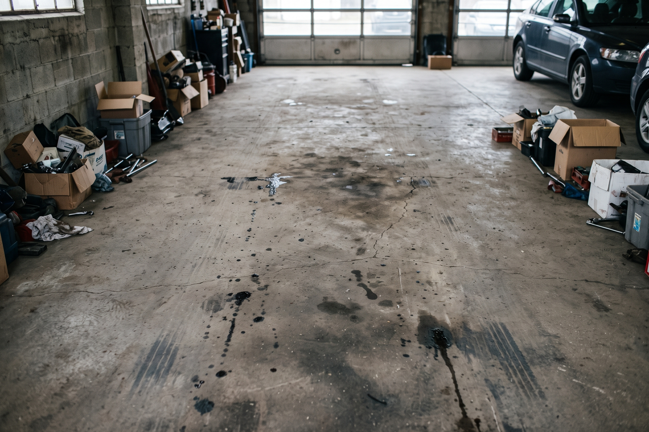 Stained, oil-marked concrete garage floor with bare patches and worn surface