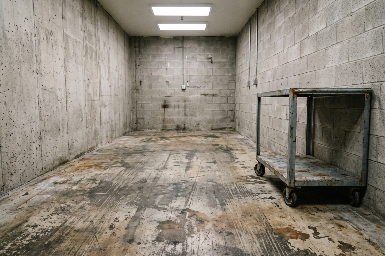 Worn, stained concrete floor in a commercial space with visible scuff marks and surface deterioration
