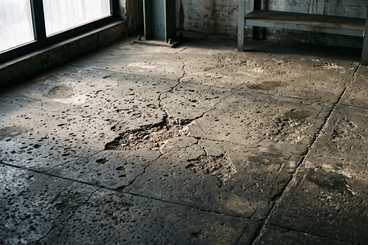 Worn, stained concrete floor with surface pitting, cracking, and discoloration from long-term use